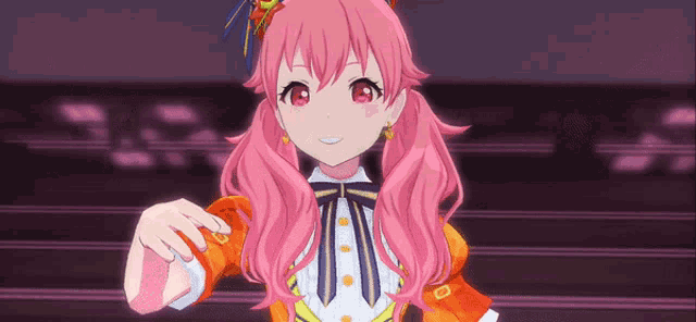 a girl with pink hair and red eyes is wearing a white and orange dress .