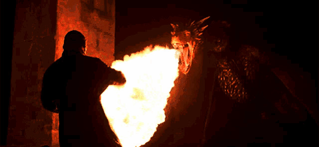 a man is standing in front of a dragon that is blowing fire