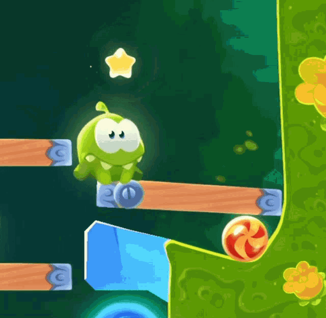 a cartoon character is playing a game with a candy in the background