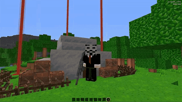 a screenshot of a minecraft game shows a person holding a rifle