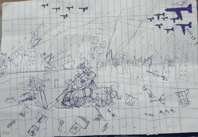a drawing of a destroyed city with planes flying in the sky
