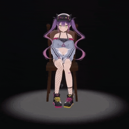 a girl with horns is sitting on a chair in a dark room
