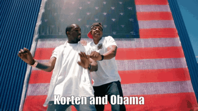 two men are dancing in front of an american flag with the words korten and obama above them