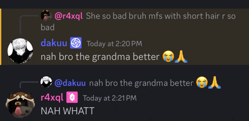 a screenshot of a conversation between dakuu and r4xql