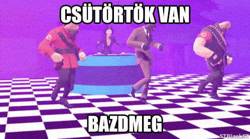a group of people are dancing on a checkered floor with the words csutortok van bazdmeg