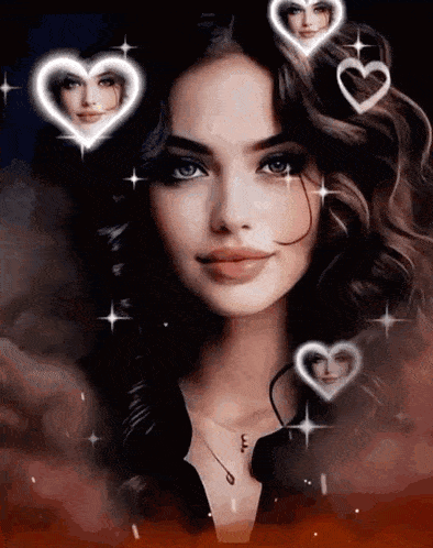 a woman is surrounded by hearts and stars and has a necklace on .
