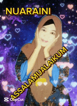 a woman wearing a hijab is surrounded by hearts and the words nuarani assalamualaikum