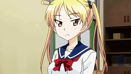 a girl with blonde hair and pigtails is wearing a sailor uniform and a red bow