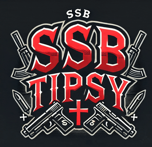 a logo for ssb tipsy with two guns and a cross