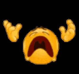 a pixel art of a crying smiley face with its mouth open and two hands behind it .