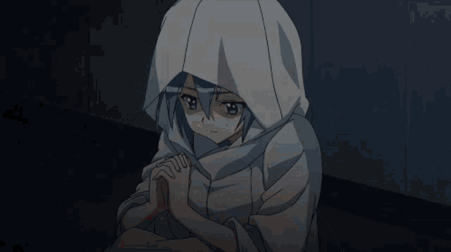 a girl with blue hair and a white hood