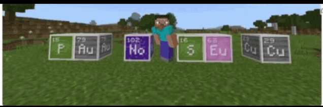 a minecraft character standing next to periodic table blocks