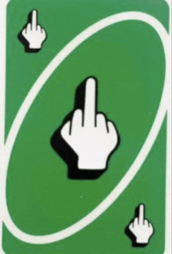 a green uno card with three middle fingers pointing in opposite directions