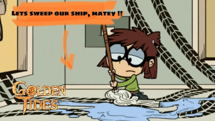 a cartoon of a girl holding a mop with the words golden tides written on the bottom