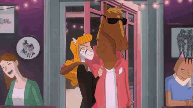 a cartoon horse is hugging a woman in a restaurant while wearing sunglasses .