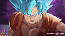 a cartoon of a man with blue hair and a purple background .