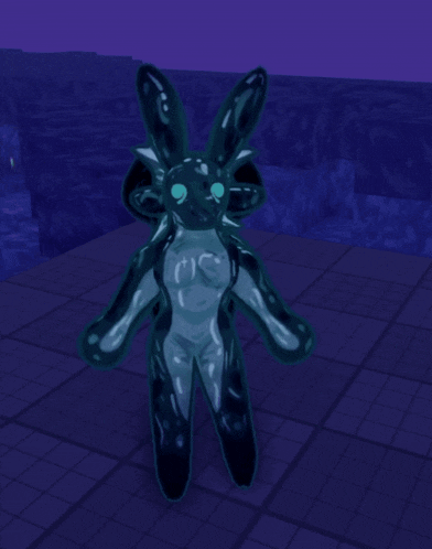 a 3d rendering of a rabbit with blue eyes standing on a tiled floor