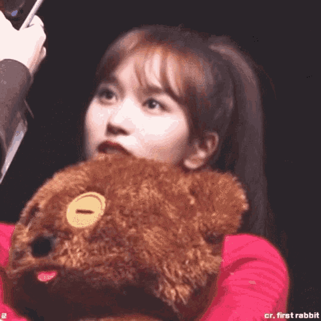 a woman in a red sweater is holding a brown teddy bear in her hands .