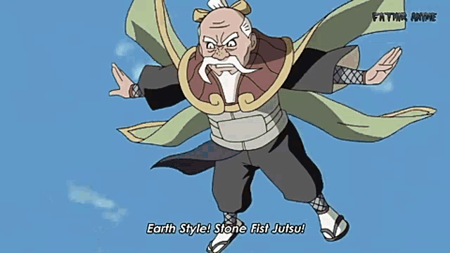 a cartoon character says earth style stone fist jutsu in the sky