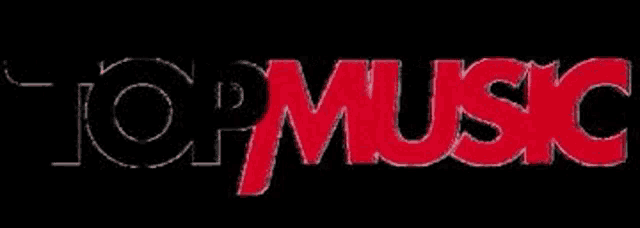 a red and white logo for top music on a black background .