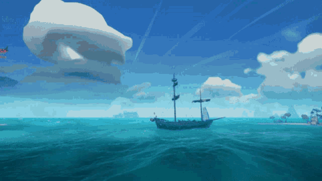a video game shows a boat in the ocean with a cloud in the sky