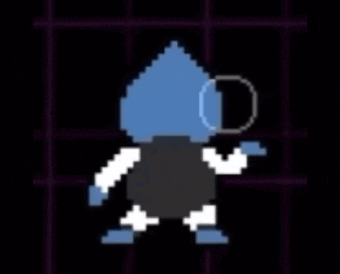 a pixel art drawing of a cartoon character with a green circle around his eye .