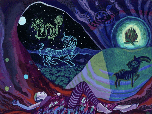 a painting of a person laying in a cave with a tiger and a goat in the background
