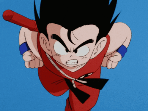 a cartoon character is holding a red stick