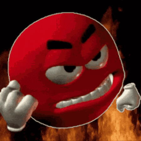 a red smiley face with a very angry look on it 's face