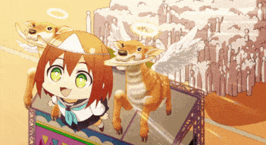 a cartoon drawing of a girl standing next to a dog with wings