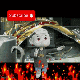 a cartoon character with a subscribe button in the background