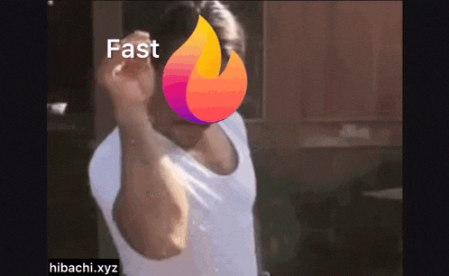a man in a white shirt with a flame in front of his face and the words fast written on the bottom