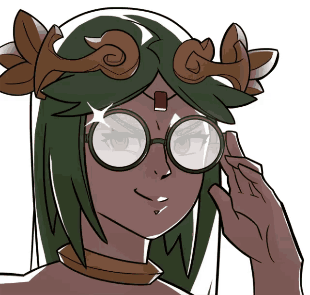 a drawing of a woman with green hair and glasses