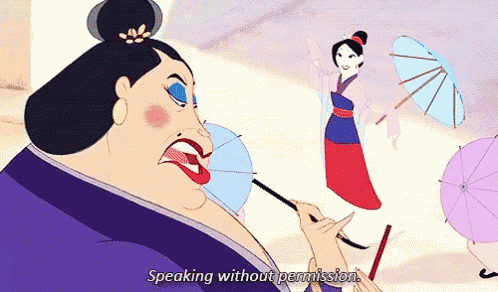 a cartoon woman is holding an umbrella and says speaking without permission