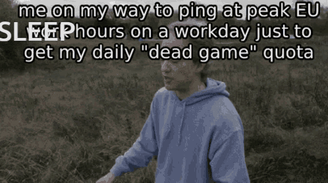 a man in a hoodie is standing in a field with a caption that says me on my way to ping