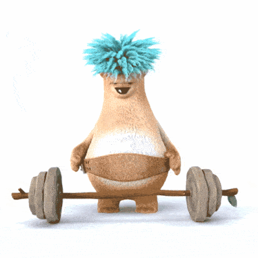 a stuffed animal with a blue haired head is holding a barbell