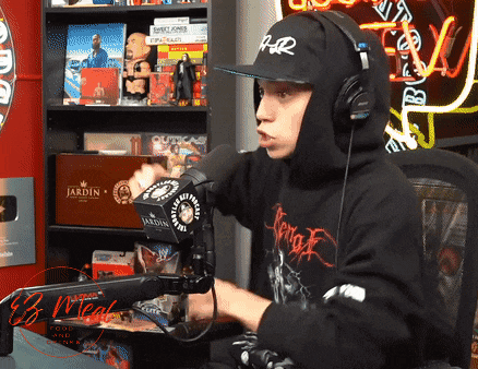 a man wearing a hoodie and headphones talks into a microphone in front of a sign that says jardin