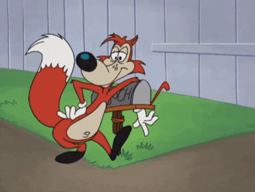 a cartoon fox is carrying a mailbox that says jooch