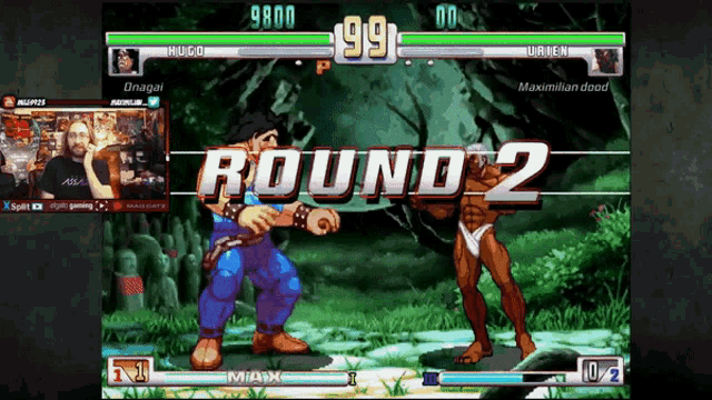 a video game screen shows a round 2 between two fighters