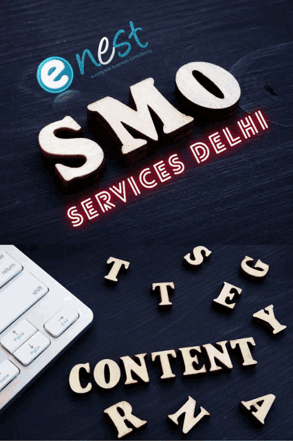 a sign that says smo services delhi with a keyboard in the background