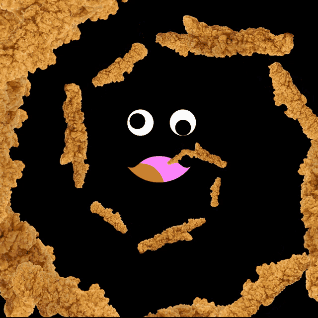 a cartoon face made out of fried chicken nuggets on a black background