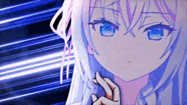 a close up of a anime girl 's face with a blue background