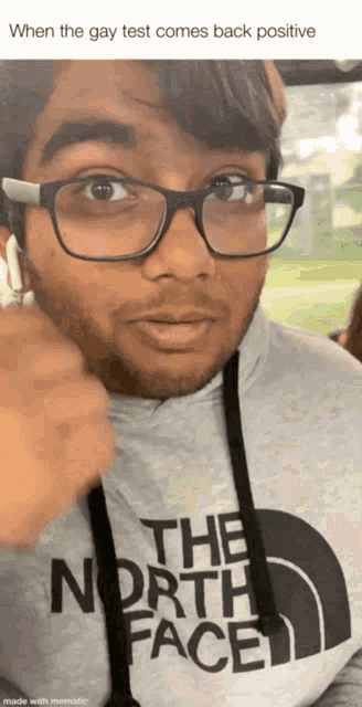 a man wearing glasses and a the north face hoodie