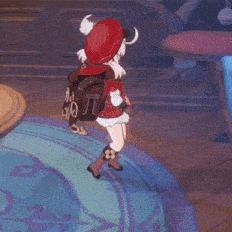 a girl in a red and white outfit is standing on a rug in a room