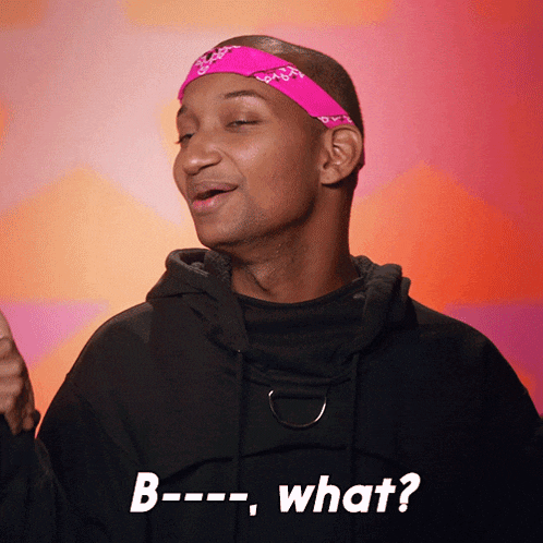 a man wearing a pink bandana and a black hoodie says b--- what