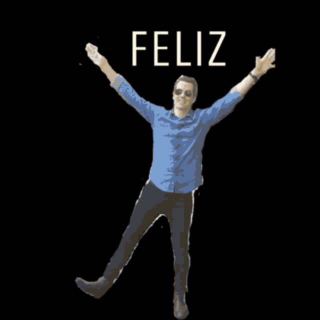 a man with his arms outstretched is surrounded by gold confetti and the word feliz