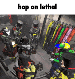a group of people are standing in a room with the words hop on lethal on the bottom