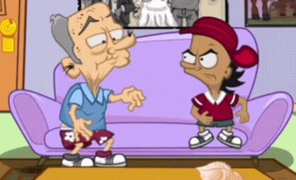 a cartoon of a man and a boy sitting on a purple couch