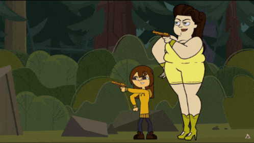 a cartoon of a woman pointing a gun at a girl with the letter t on her shirt