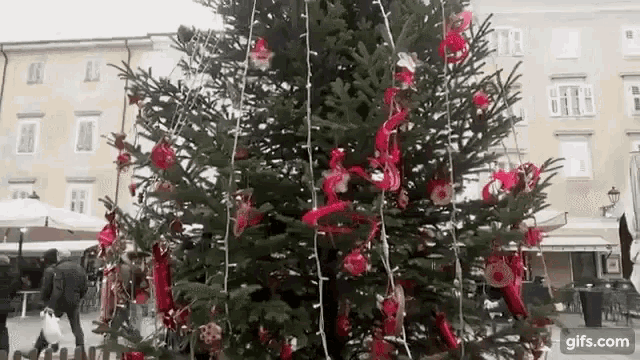 a christmas tree is decorated with red ribbons and decorations .